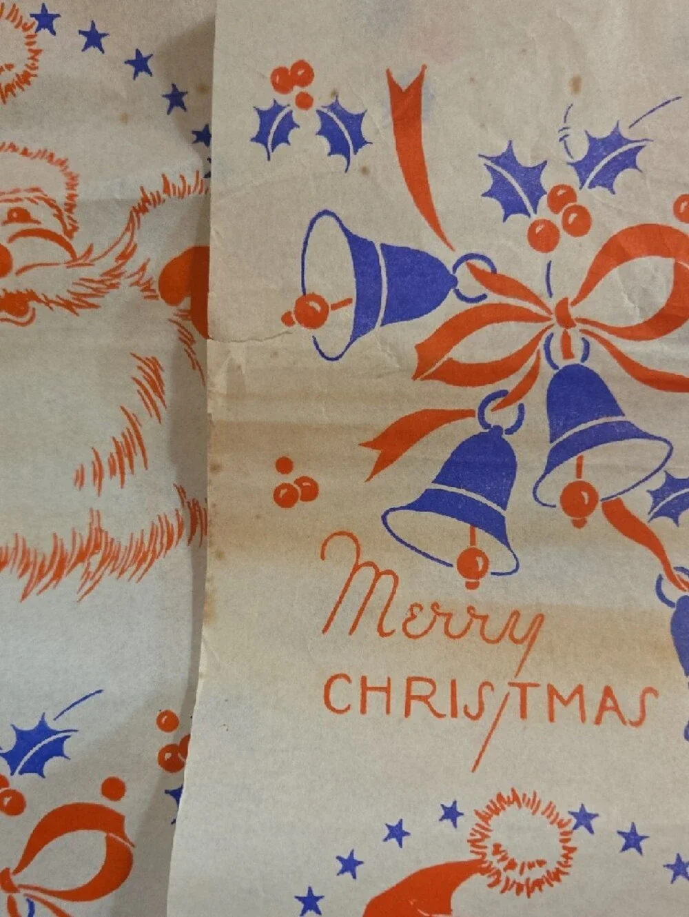 Vintage Merry Christmas Santa Gift Wrap - Cream with Orange & Blue